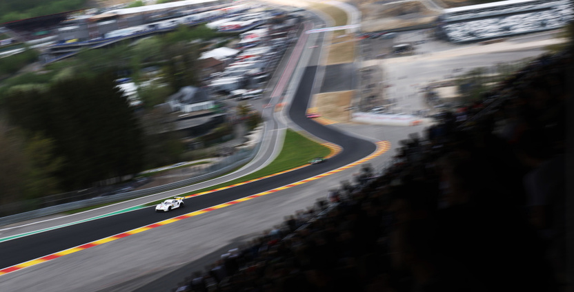A car navigating Spa-Francorchamps during the Six Hours of Spa weekend